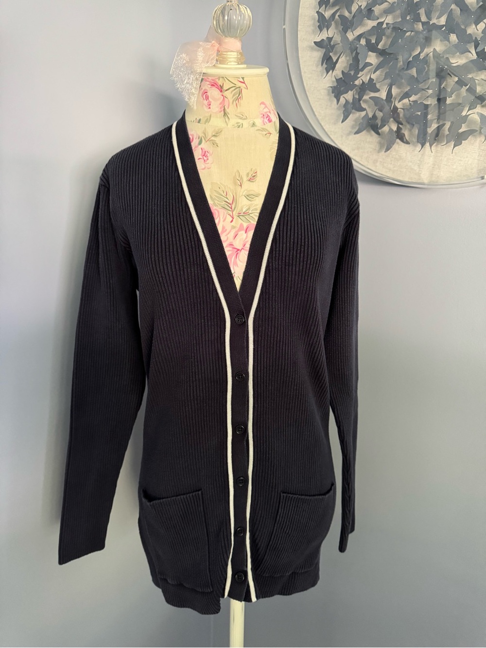 Vintage Ralph Lauren Ribbed Knit Varsity Sweater in Navy with White Trim
